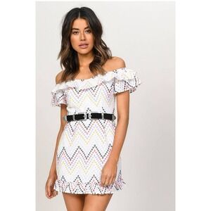 Tobi Womens Tara Ruffle Off The Shoulder Mini Dress White Pink Small Blue Boho